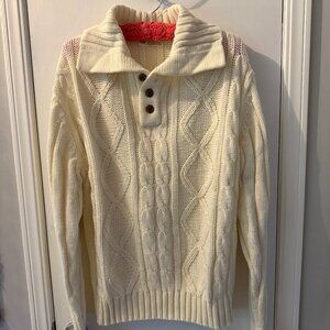 Vintage Ivory Sears Men's Cable-Knit Shawl-Collar Sweater